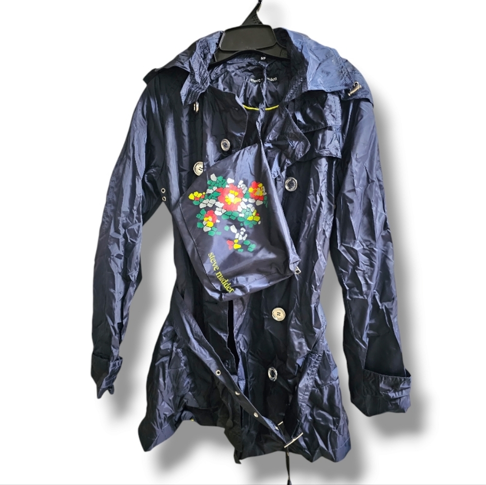 NWT STEVE MADDEN PACKABLE HODDIE RAINCOAT TRENCH STYLE SMALL PETITE NAVY